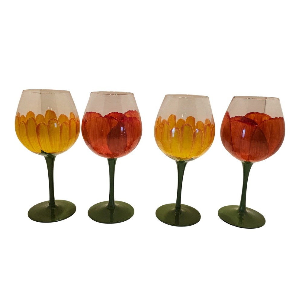 Set of 4 Hand Painted Floral Wine Glasses Sunflower and Poppy 9 Inch Stemware